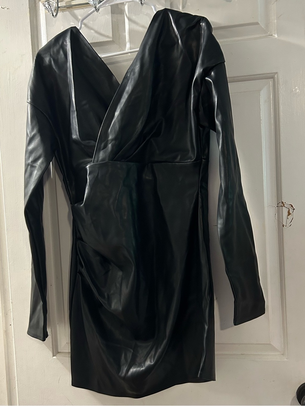 AKIRA Black Faux Leather Long Sleeve Wrap Mini Dress